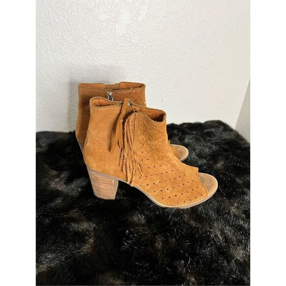 TOMS Majorca Cinnamon Brown Open Peep Toe Fringe Booties 301215 Women's Size 9 - Picture 2 of 4